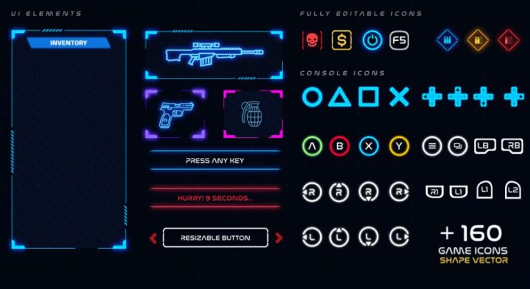 TECHNO SCI-FI CYBERPUNK FUTURISTIC UI ELEMENTS – EDITABLE PSD VECTOR download
