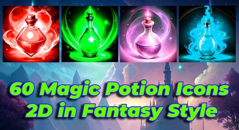 60 Magic Potion Bottles – 2D Icon Set with Color Variations for Fantasy Games download
