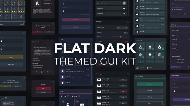 Flat Dark GUI / UI Kit – 5 color themes! + widgets, psd sources, icons, 4k download
