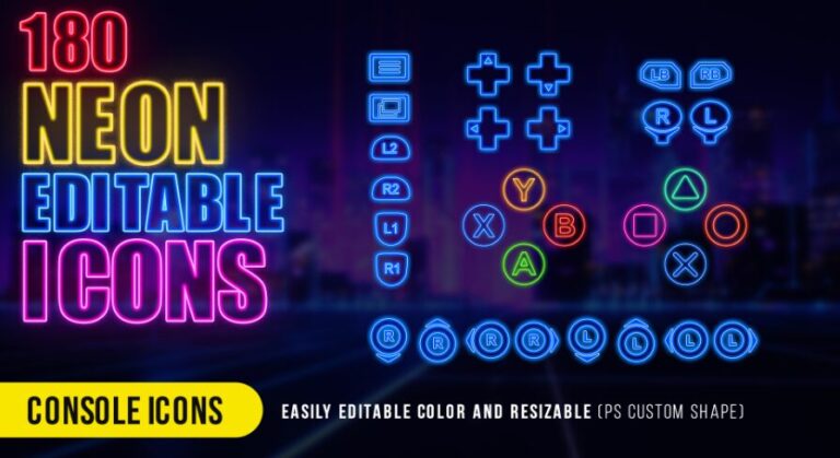 180 Neon Graphics – UI/Icons – Retro/Cyberpunk/Disco Style (Fully Editable PSD) download