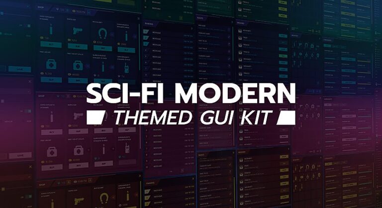 Scifi / Modern flat themed GUI / UI kit – 6 themes + PSD, AI sources download