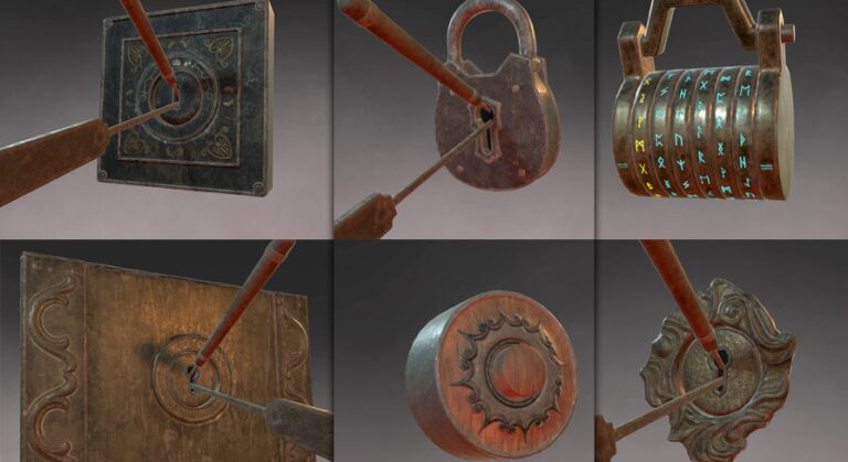 Lockpicking, button, cipher and padlock props download