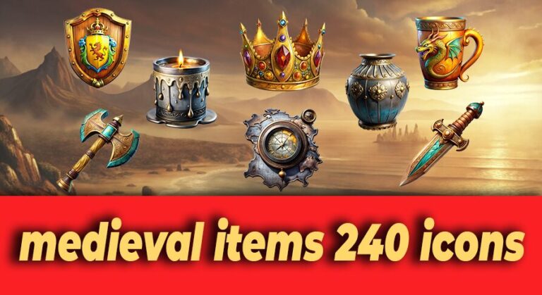 240 Medieval Item Icons 2D Game Assets download