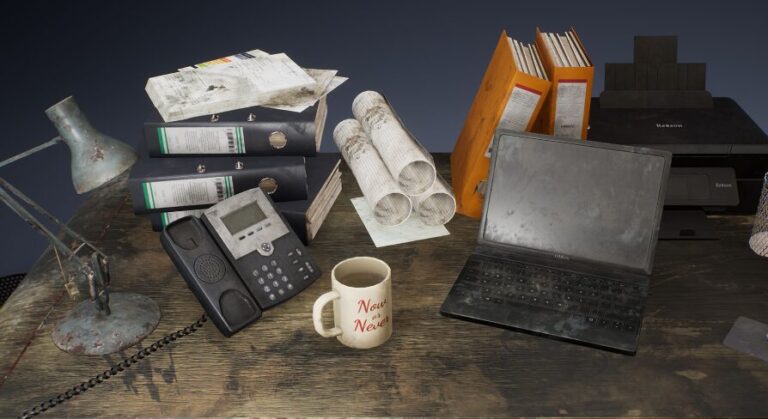 Dirty office accessories (a laptop, folders, a printer, a phone, papers etc.) download