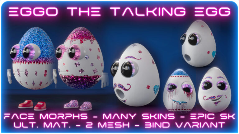 Eggo the Talking Egg, face morphs, epic skeleton, skins and ultimate material download