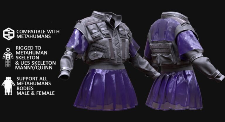 3D Cyber Jacket Model For Metahuman 20 – All MH Bodies & UE5 Skeletons – Rigged download