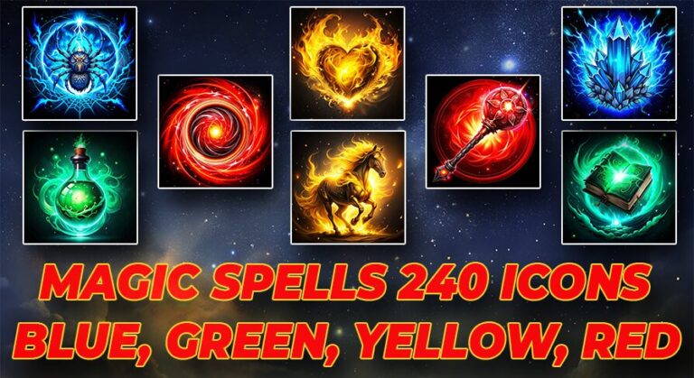 240 Magic Spell Icons 2D – 4 Color Variants for Fantasy RPGs download